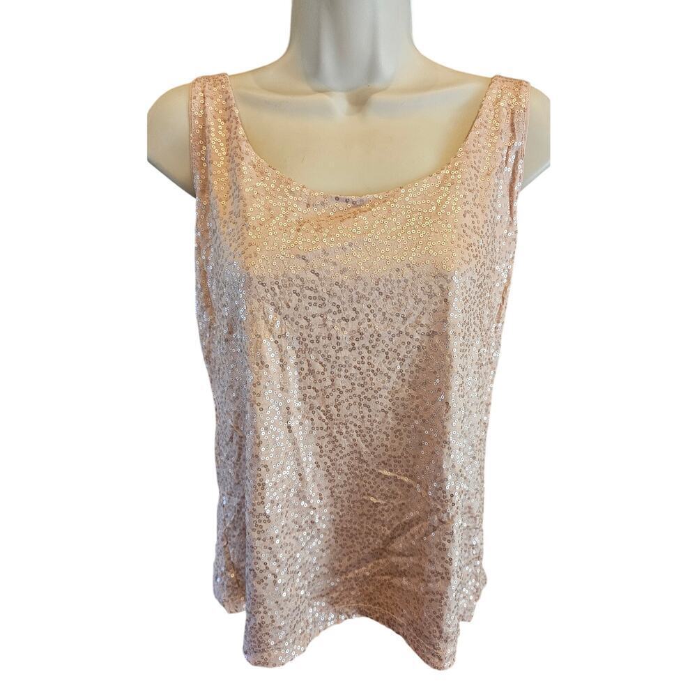 PETITES TALBOTS SOFT ROSE PINK SEQUIN TANK TOP $69.50 LP LARGE SPARKLE SHINE EUC